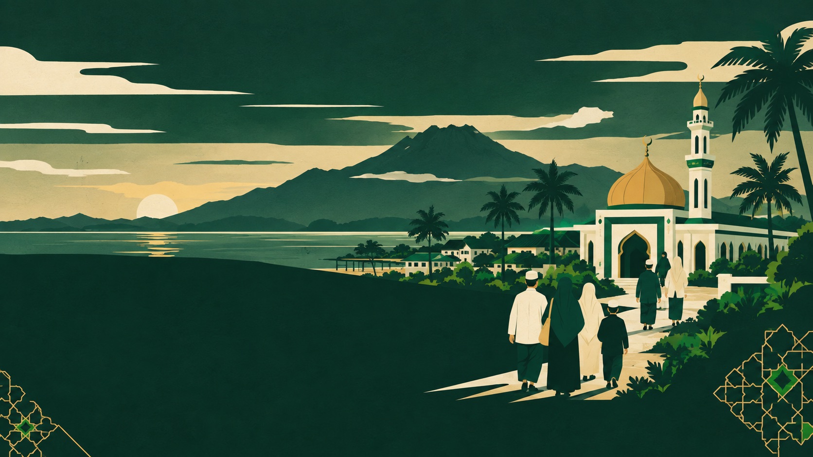 Ilustrasi masjid dan komuniti USIA di tepi laut Sabah dengan Gunung Kinabalu di latar